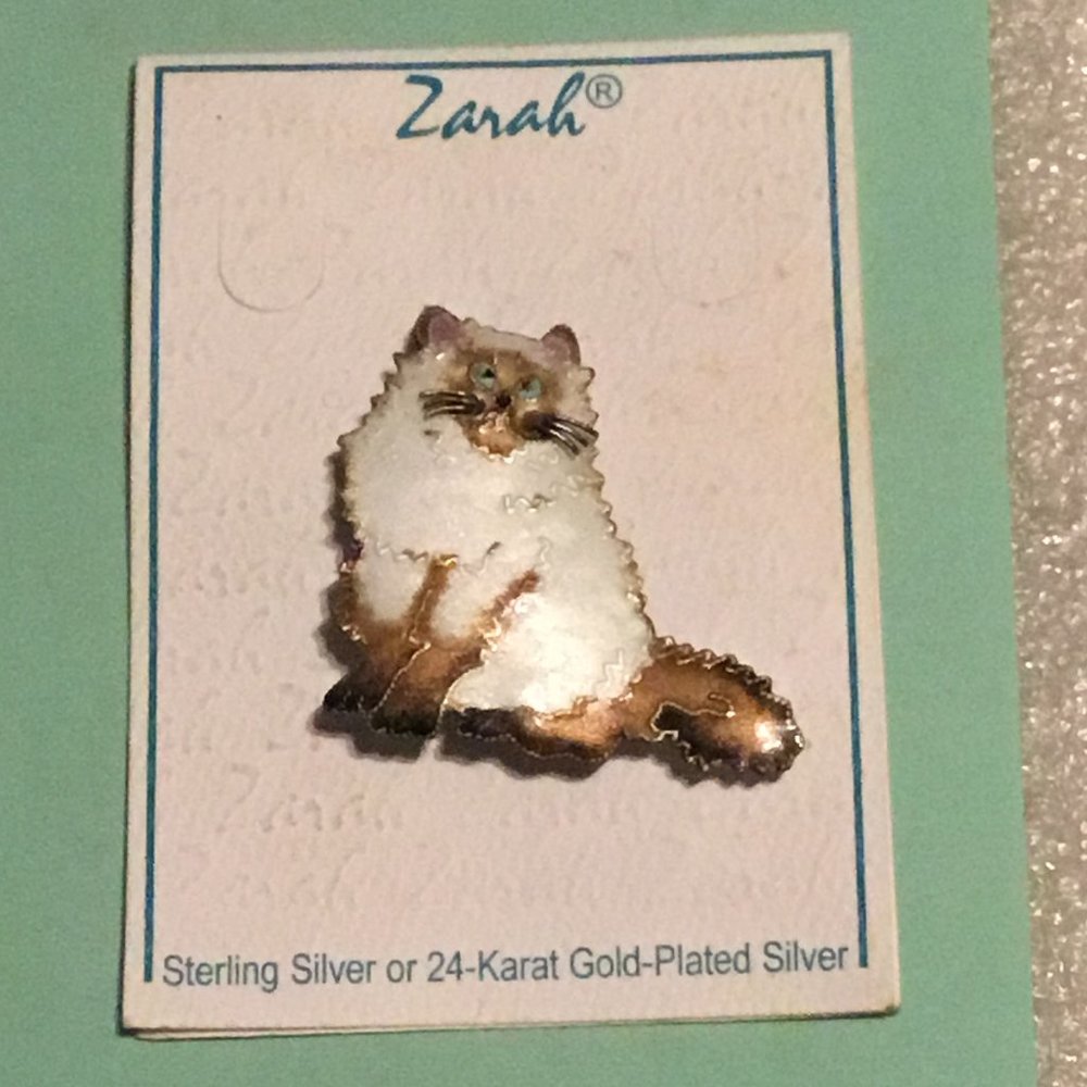 Vintage Zarah enamel on sterling silver cloisonne cat brooch - mint on card